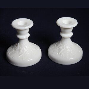 Vintage L. E. Smith Grape Pattern Milk Glass Candlestick Holders